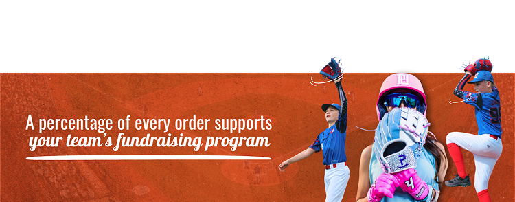A percentage of every order supports your team's fundraising program — young baseball and softball players wearing Peralta custom gloves